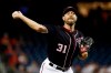 Washington Nationals starting pitcher Max Scherzer throws to the Philadelphia Phillies in the first inning of the second baseball game of a doubleheader, Tuesday, Sept. 24, 2019, in Washington. (AP Photo/Patrick Semansky)