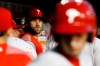Philadelphia Phillies' Bryce Harper stands in the dugout before the second baseball game of a doubleheader against the Washington Nationals, Tuesday, Sept. 24, 2019, in Washington. Washington won 6-5 and clinched a wild card berth. (AP Photo/Patrick Semansky)