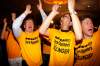CP
Firefighters Alex Forrest, Dave Naaykens, and Robert Campbell cheer as Manitoba election results are announced at the NDP party headquarters in Winnipeg Tuesday.