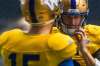 MIKE DEAL / WINNIPEG FREE PRESS
Winnipeg Blue Bombers’ new starting QB Matt Nichols (15) and QB Drew Willy (5) during practice at IGF on Sunday.