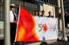 BORIS MINKEVICH / WINNIPEG FREE PRESS
From left, Commissionaire Bill Durward, 2017 Canada Games co-chair Hubert Mesman and president & CEO Jeff Hnatiuk and Winnipeg Mayor Brian Bowman prepare to raise the Canada Games flag at city hall.