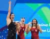 Frank Gunn
/ The Canadian Press
The Canadian women's 4x100-metre freestyle relay team Chantal Van Landeghem, left to right, Taylor Ruck, Sandrine Manville and Penny Oleksiak (not shown), celebrate their bronze medal finish at the 2016 Summer Olympics, in Rio de Janeiro, Brazil, Saturday, Aug. 6, 2016.