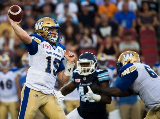 Nathan Denette/ The Canadian PressWinnipeg Blue Bombers quarterback Matt Nichols (15) passes the ball against the Toronto Argonauts during first half CFL football action in Toronto on Saturday, July 12, 2016.