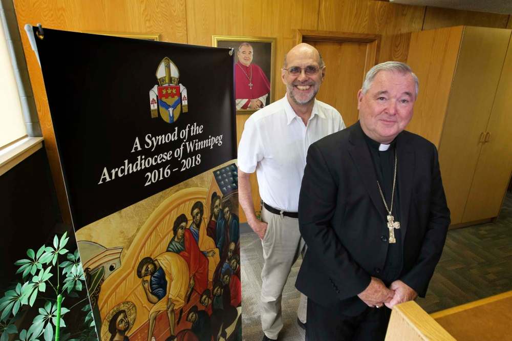 RUTH BONNEVILLE / WINNIPEG FREE PRESS
Archbishop Richard Gagnon (right) and Deacon Ted Wood with poster of icon they are using for the synod.