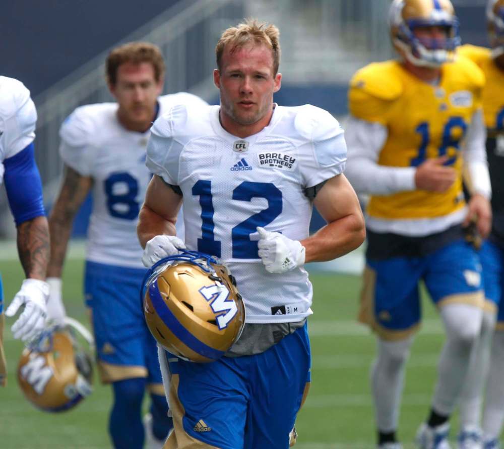 WAYNE GLOWACKI / WINNIPEG FREE PRESS
Winnipeg Blue Bombers wide receiver Ryan Smith (12) practises at Investors Group Field Wednesday..