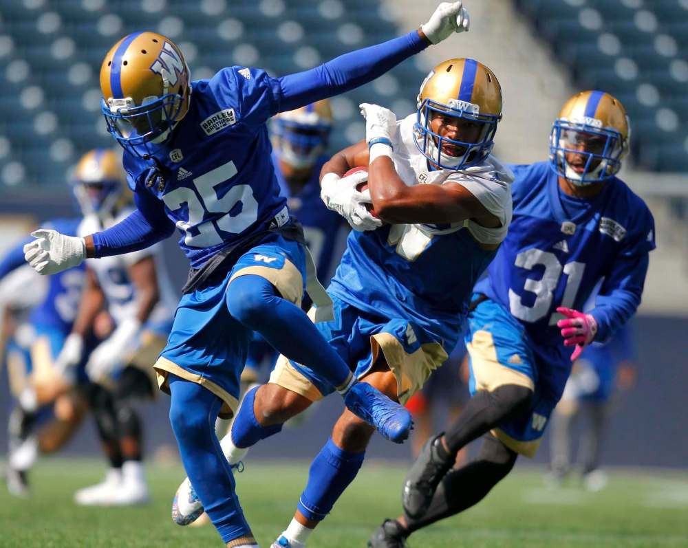 BORIS MINKEVICH / WINNIPEG FREE PRESS
The Winnipeg Blue Bombers go through a workout Friday at Investors Group Field. The team is hoping things will finally work out in Regina Sunday.