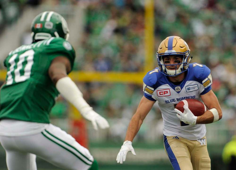 Mark Taylor / The Canadian Press
Winnipeg Blue Bombers wide receiver Weston Dressler runs the ball during first half CFL action in Regina on Sunday, September 4, 2016.