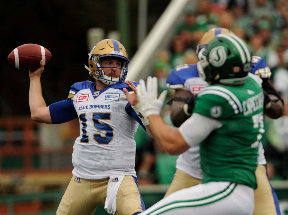 Mark Taylor / The Canadian Press
Winnipeg Blue Bombers quarterback Matt Nichols looks for a receiver during the first half of the Labour Day Classic in Regina Sunday.