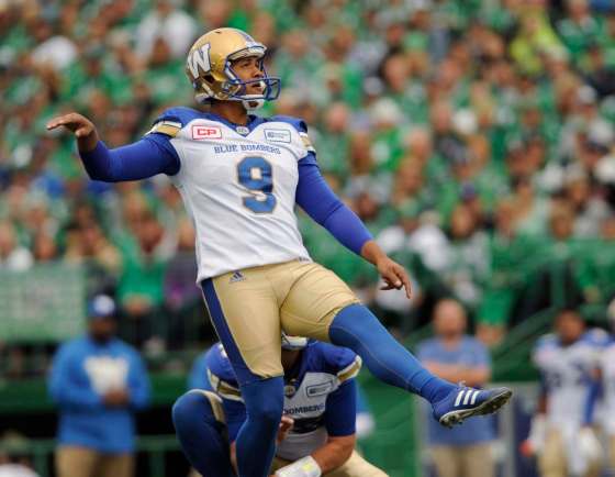 Mark Taylor/ The Canadian PressWinnipeg Blue Bombers kicker Justin Medlock kicks a field goal during first half CFL action against the Saskatchewan Roughriders in Regina on Sunday, September 4, 2016.