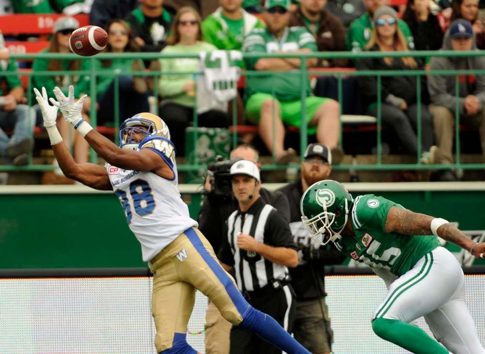 Mark Taylor
/ The Canadian Press
Winnipeg Blue Bombers wide receiver wide receiver Gerrard Sheppard attempts a grab during first half CFL action against the Saskatchewan Roughriders in Regina on Sunday, September 4, 2016.
