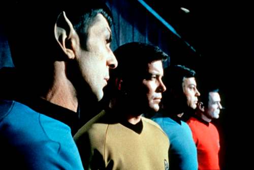 From left, Leonard Nimoy as Commander Spock, William Shatner as Captain Kirk, DeForest Kelley as Doctor McCoy and James Doohan as Commander Scott.