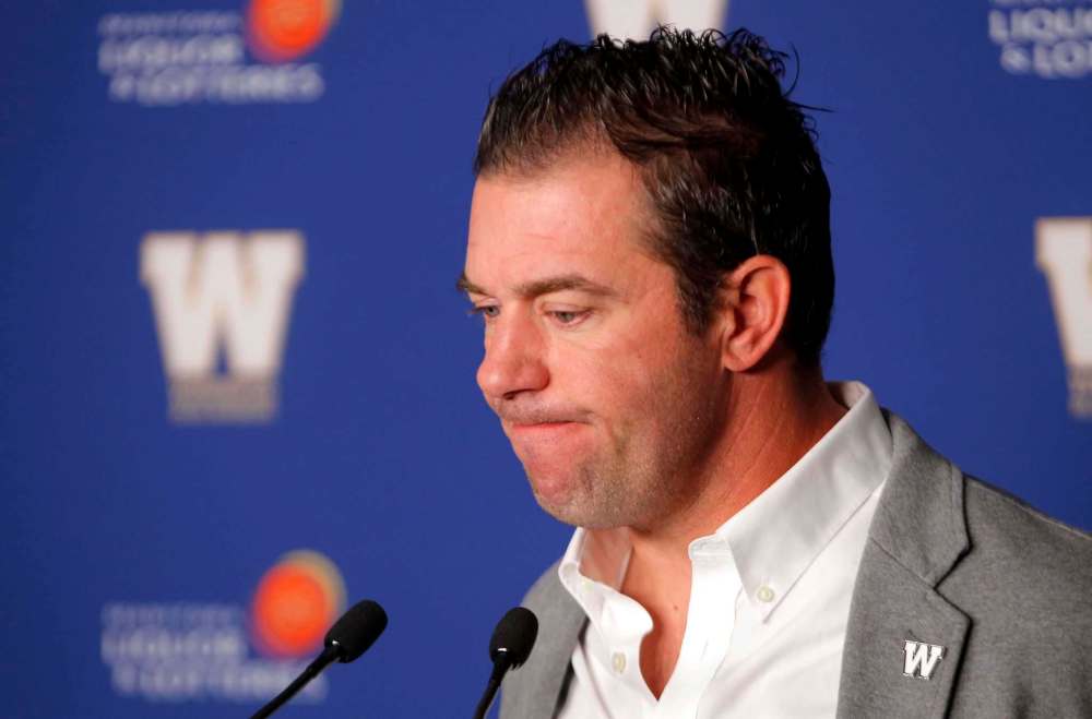 BORIS MINKEVICH / WINNIPEG FREE PRESS
Winnipeg Blue Bombers General Manager Kyle Walters talks to the media about recent trades, including quarterback Drew Willy.