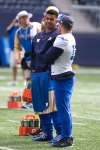 MIKE DEAL / WINNIPEG FREE PRESS
Winnipeg Blue Bombers running back Andrew Harris (centre) on the sidelines earlier this week.