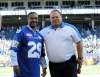RUTH BONNEVILLE / WINNIPEG FREE PRESS
Leo Lewis III and Winnipeg Blue Bombers CEO Wade Miller at midfield during the halftime ceremony Saturday afternoon at Investors Group Field.
