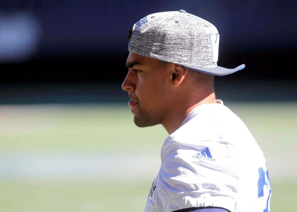 BORIS MINKEVICH / WINNIPEG FREE PRESS
Winnipeg Blue Bomber Andrew Harris takes it easy during practice today.