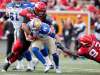 LARRY MACDOUGAL / THE CANADIAN PRESS
Winnipeg Blue Bombers quarterback Matt Nichols, centre, is sacked by Calgary Stampeders' Zach Minter (left) with help from Micah Johnson during first half CFL football action in Calgary, Alberta on Saturday.