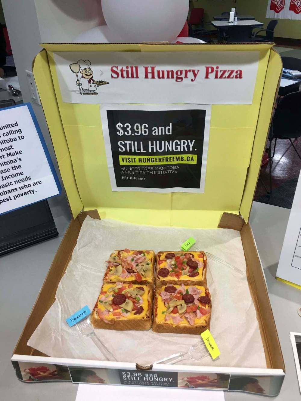 One of the pizzas showed what you could make if you were living in poverty. The winning entry in the pizza contest was a pizza-style muffin.