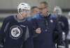 JOE BRYKSA / WINNIPEG FREE PRESS
Winnipeg Jets Kyle Connor gets some advice form Jets coach Paul Maurice during a light skate Thursday in Winnipeg.