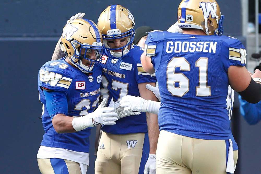 JOHN WOODS / THE CANADIAN PRESS
Winnipeg Blue Bombers' Andrew Harris (33) and Rory Kohlert (87) celebrate Harris' touchdown against the B.C. Lions during the first half of CFL action in Winnipeg.