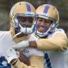 JOE BRYKSA / WINNIPEG FREE PRESS
Winnipeg Blue Bombers Tori Gurley, right, takes part in a drill with teammate Quinshad Davis during practice Tuesday at the University of Manitoba soccer pitch.