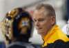 JOE BRYKSA / WINNIPEG FREE PRESS
Boston Bruins goaltender Tuukka Rask (left), has a chat with goaltender coach Bob Essensa at the MTS Centre in Winnipeg during pregame skate before tonights game against the Winnipeg Jets.