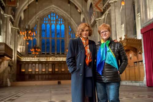LIAM DANIEL / BLEEKER STREET
Actor Rachel Weisz and Author Deborah Lipstadt on the set of their film Denial, a Bleecker Street release.