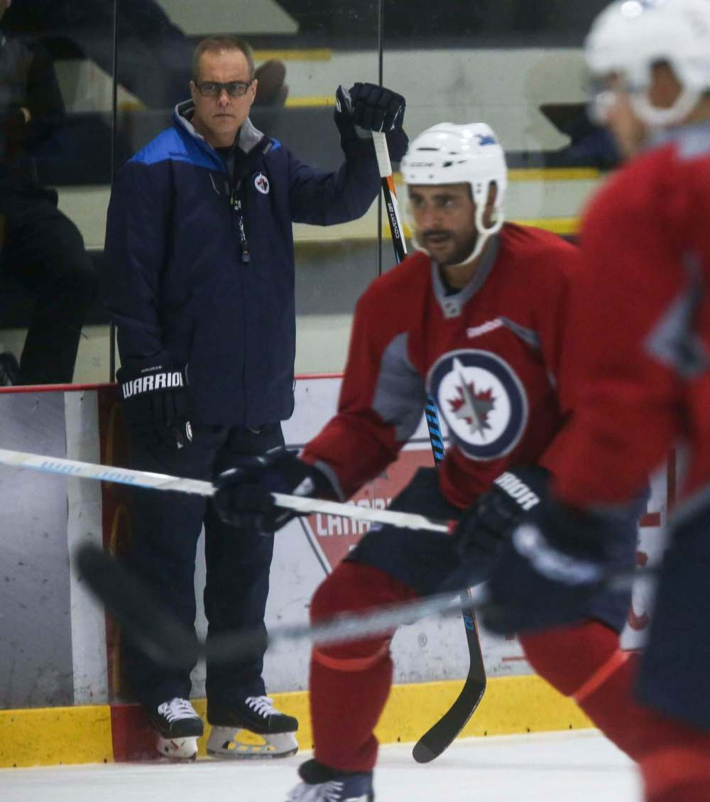 MIKE DEAL / WINNIPEG FREE PRESS
Winnipeg Jets' head coach Paul Maurice during practice at the MTS IcePlex Monday morning.