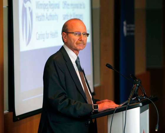 BORIS MINKEVICH / WINNIPEG FREE PRESSWinnipeg Regional Health Authority president and CEO Milton Sussman talks to the attending. Meeting was held in the Canad Inns HSC. Oct. 25, 2016