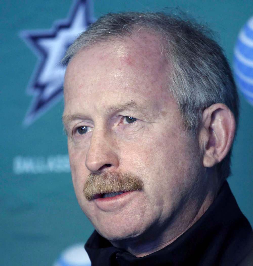 AP/Tony Gutierrez
/ The Canadian Press
Dallas Stars general manager Jim Nill responds to questions from reporters after a team morning workout on opening day of NHL hockey training camp, Friday, Sept. 19, 2014, in Fort Worth, Texas. Washington's Brian MacLellan, Dallas' Nill and Pittsburgh's Jim Rutherford are the finalists for the NHL General Manager of the Year Award.