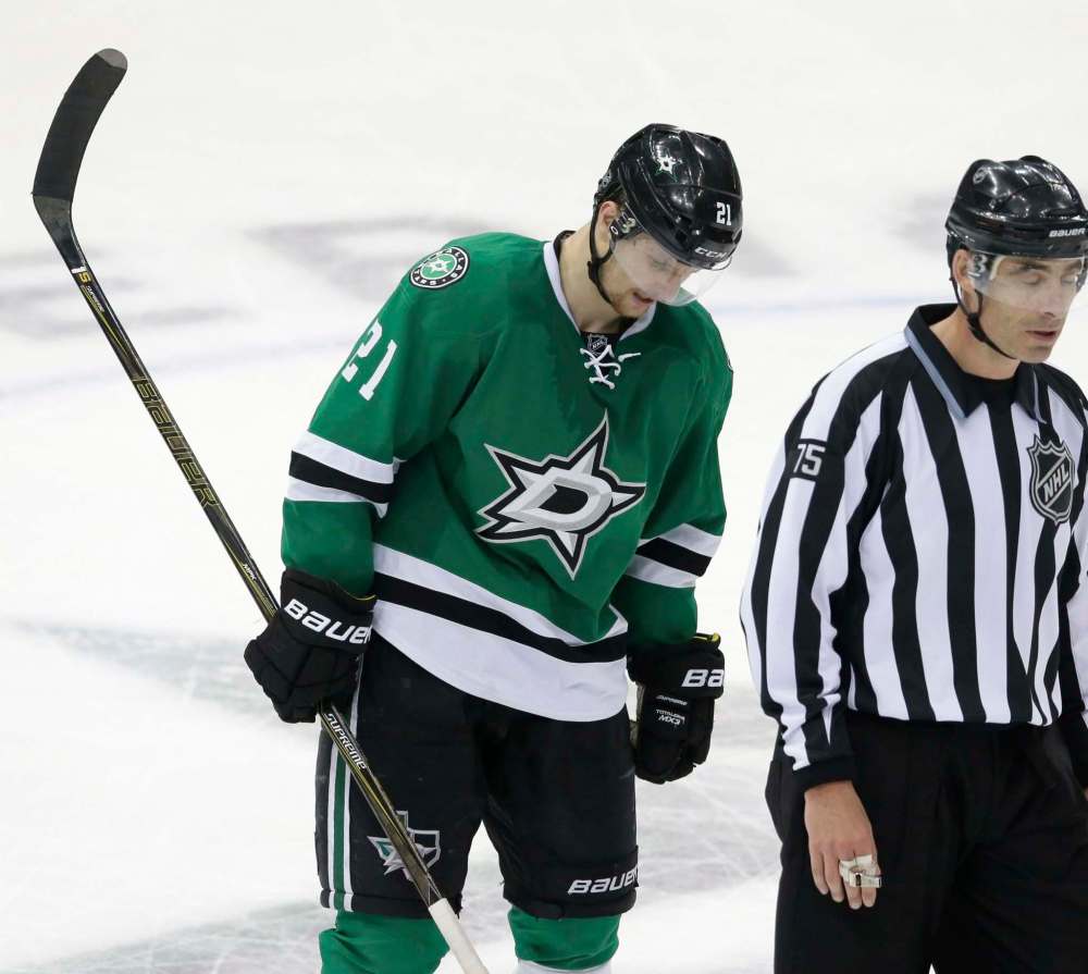 LM Otero / The Associated Press Files
Dallas Stars left wing Antoine Roussel (21) heads to the penalty box after being called for interference during overtime of Game 2 of the NHL hockey Stanley Cup Western Conference semifinals against the St. Louis Blues.