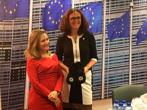 CHRYSTIA FREELAND / TWITTERInternational Trade Minister Chrystia Freeland gifts a pair of moccasins from Manitobah Mukluk to European Union Trade Commissioner Cecilia Malmström in Brussels.