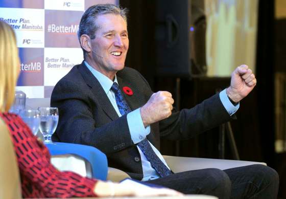 COLIN CORNEAU / BRANDON SUNPremier Brian Pallister gestures during a question-and-answer session during the second day of the Manitoba Progressive Conservative party's annual general meeting Saturday afternoon at the Keystone Centre.