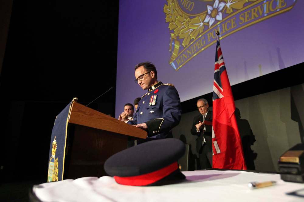 RUTH BONNEVILLE / WINNIPEG FREE PRESS
Winnipeg new Police Chief Danny Smyth delivers his speech during the official ceremony at the Metropolitan Entertainment Centre.