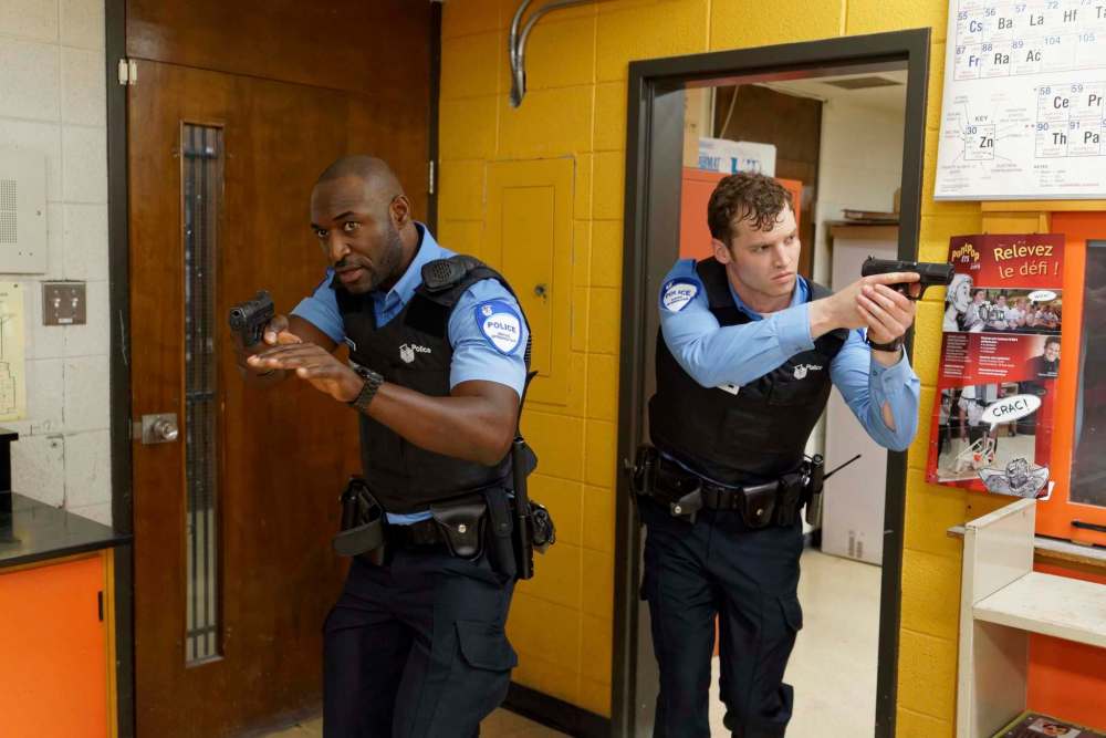 Police partners Nick Barron (Adrian Holmes, left) and Ben Chartier (Jared Keeso) in the fourth and final season of 19-2.