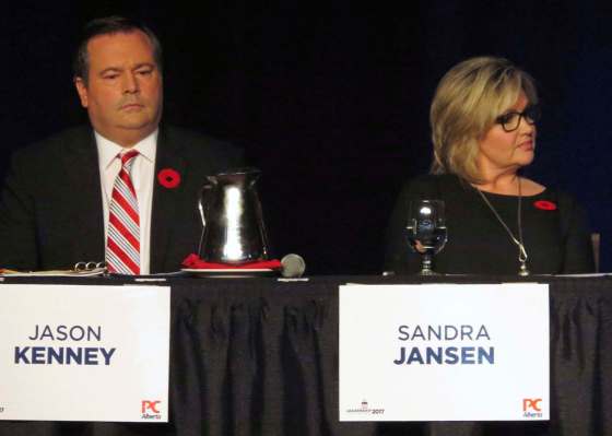 DEAN BENNETT / THE CANADIAN PRESSJason Kenney and Sandra Jansen at an Alberta Progressive Conservative party leadership forum in Red Deer, Alta. The only two female candidates in the race are calling it quits.