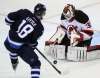 JOE BRYKSA / WINNIPEG FREE PRESS
Winnipeg Jets Bryan Little is robbed by New Jersey Devils goaltender Cory Schneider Tuesday night at the MTS Centre.