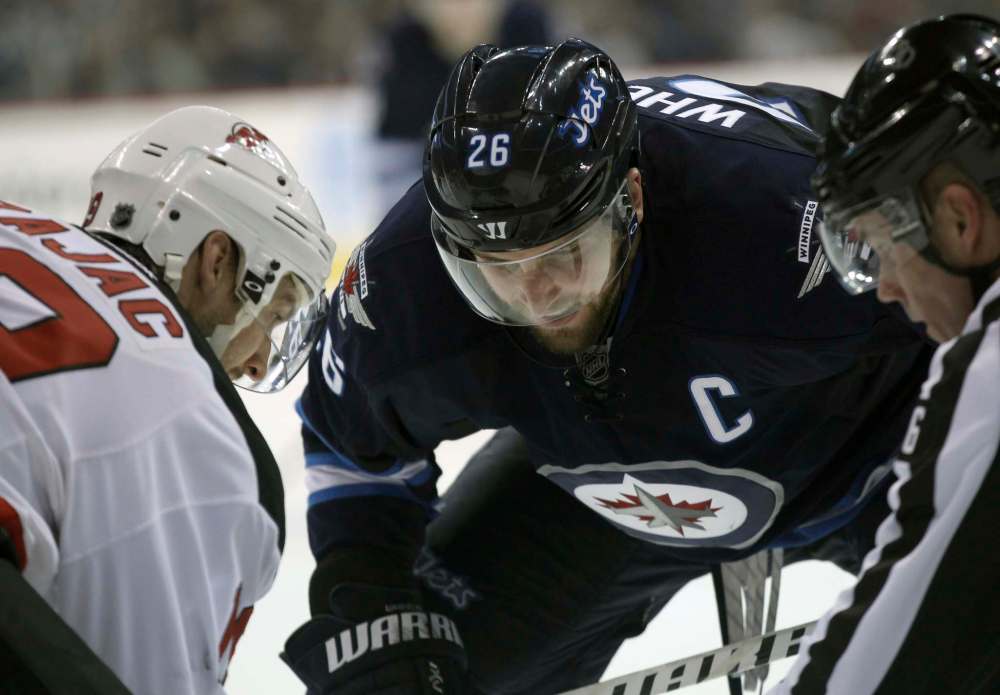 JOE BRYKSA / WINNIPEG FREE PRESS
Winnipeg Jets captain Blake Wheeler will line up at centre again tonight between Drew Stafford and Mathieu Perreault.