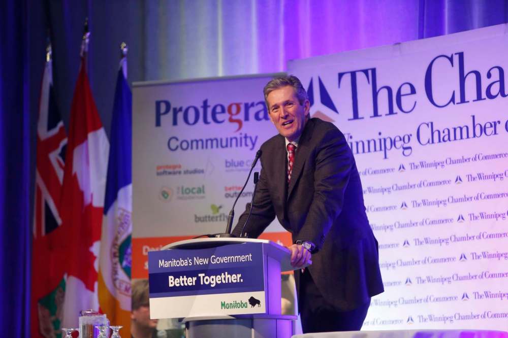 WAYNE GLOWACKI / WINNIPEG FREE PRESS
Premier Brian Pallister gives his State of the Province address at the Winnipeg Chamber of Commerce luncheon in the RBC Convention Centre Thursday.