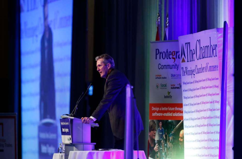 WAYNE GLOWACKI / WINNIPEG FREE PRESS
Premier Brian Pallister gives his State of the Province address at the Winnipeg Chamber of Commerce luncheon in the RBC Convention Centre Thursday.