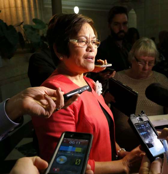 WAYNE GLOWACKI / WINNIPEG FREE PRESSFlor Marcelino,NDP interim leader speaks to reporters after the throne speech Monday in the Legislative building. Larry Kusch/ Nick Martin/Kristin Annable stories Nov. 21 2016