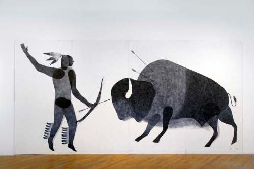 Detail of Kenneth Lavallee&rsquo;s Peacock, Ram and Hunter, part of Enendaman/Mnminigook at Aceartinc.
