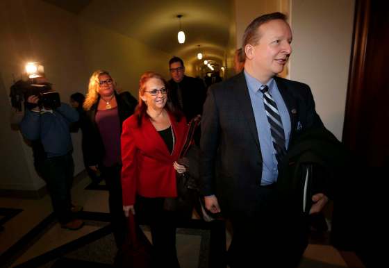 WAYNE GLOWACKI / WINNIPEG FREE PRESSFrom right: Manitoba Federation of Labour president Kevin Rebeck; Michelle Gawronsky, president of Manitoba Government and General Employees' Union; and Kelly Moist, president of the Canadian Union of Public Employees, arrive at the meeting with Finance Minister Cameron Friesen in the Manitoba Legislative building Thursday morning.