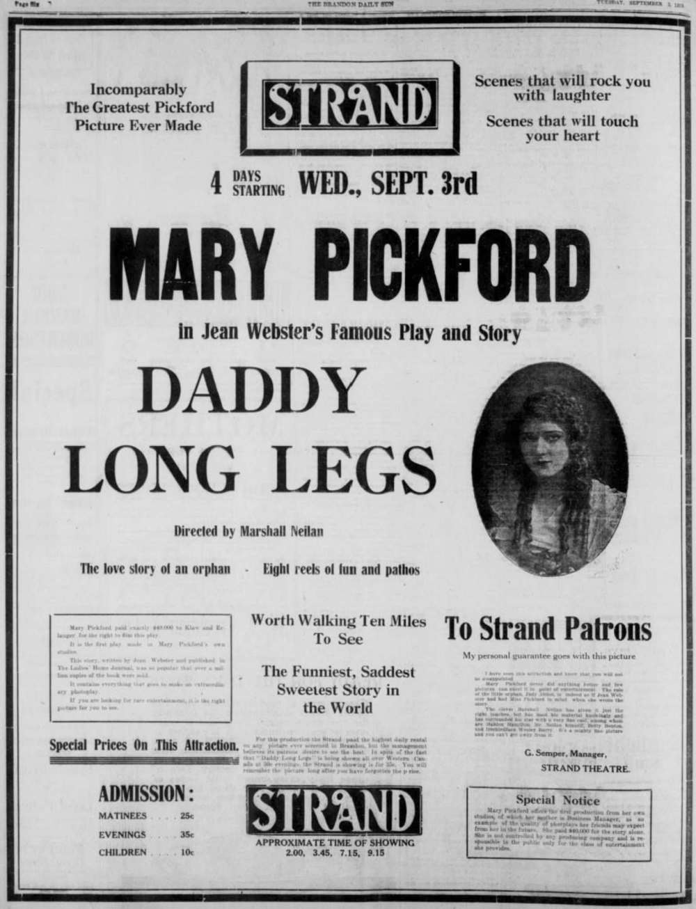 An ad for the theatre published in the Brandon Sun in September 1919.