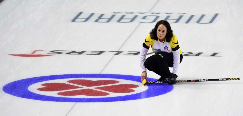 Sean Kilpatrick / The Canadian Press
Manitoba skip Michelle Englot looks at her delivery as she takes on Newfoundland during the Scotties Tournament of Hearts in St. Catharines, Ont., on Monday.