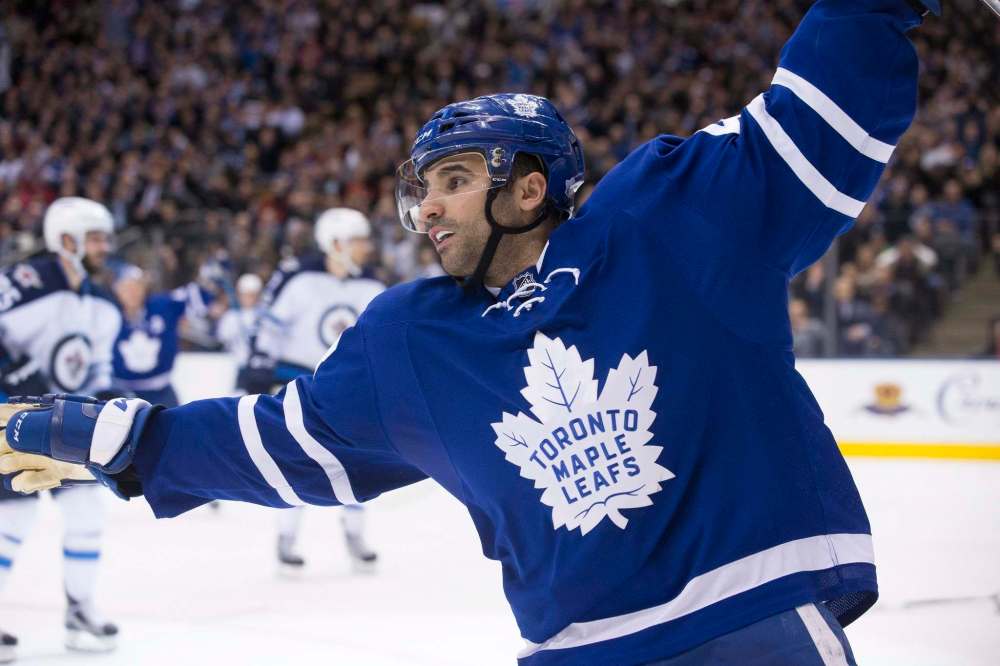 Toronto Maple Leafs' Nazem Kadri celebrates after scoring his team's second goal during second period NHL hockey action against the Winnipeg Jets, in Toronto on Tuesday, February 21, 2017. THE CANADIAN PRESS/Chris Young