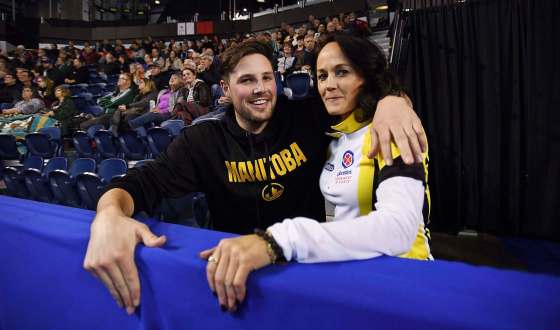 Sean Kilpatrick / The Canadian PressManitoba skip Michelle Englot and son Derek Schneider at the Scotties in St. Catharines, Ont. Wednesday. Schneider will be cheering loudest during his mom’s game against Rachel Homan tonight.