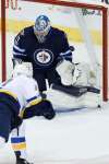THE CANADIAN PRESS / John Woods
Winnipeg Jets goalie Connor Hellebuyck makes one of his 29 saves against the St. Louis Blues' Jaden Schwartz during first period NHL action in Winnipeg on Friday.