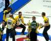 CURLING CANADA / MICHAEL BURNS PHOTO
Team Manitoba skip Mike McEwen, third B.J.Neufeld, second Matt Wazonaik, and lead Denni Neufeld celebrate after winning 6-5 over Northern Ontario Wednesday.