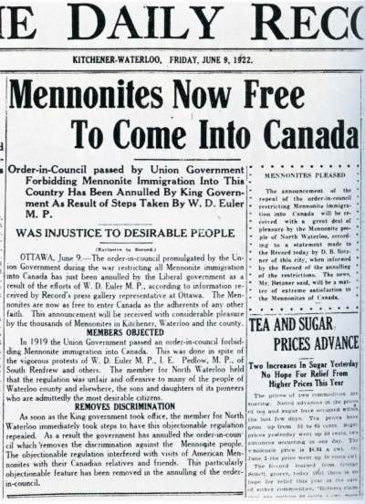 The headline on the June 9, 1922, edition of The Daily Record newspaper in Kitchener-Waterloo: 