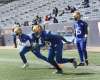 WAYNE GLOWACKI / WINNIPEG FREE PRESS
Linebackers Nick Temple (left) and Kyle Knox participate in a sprint drill during the Bombers&rsquo; mini-camp Wednesday at Investors Group Field.